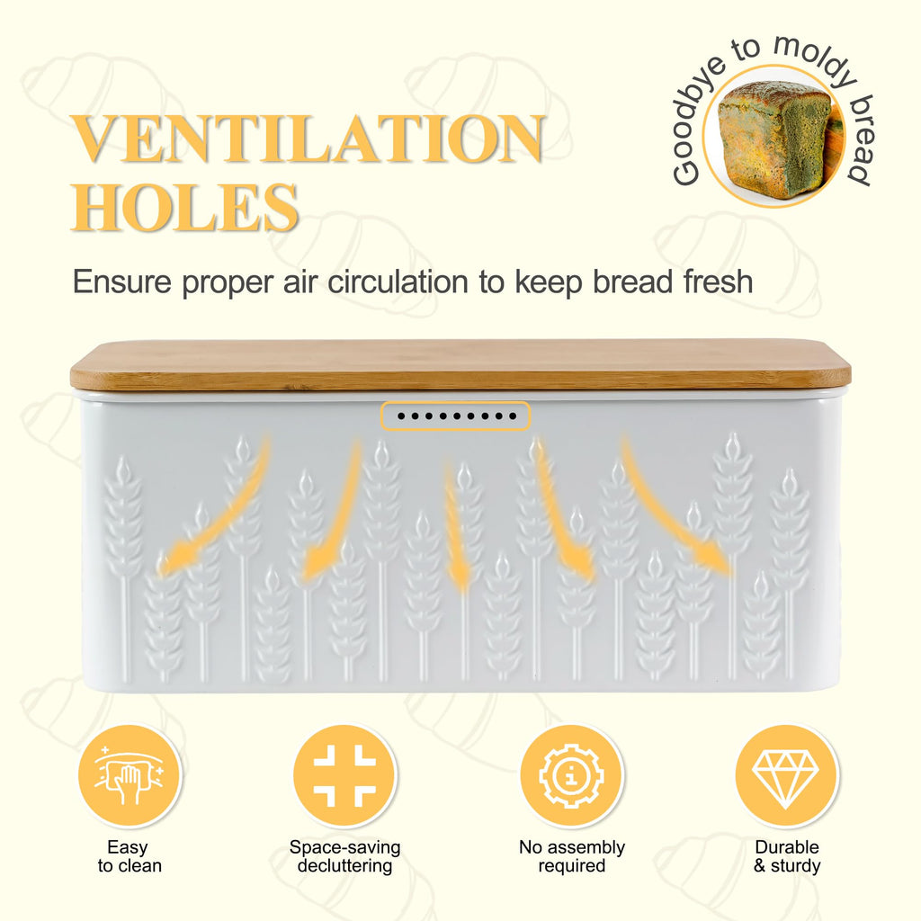 Bread Box - Large White Ear of Wheat Embossed with Bamboo Lid