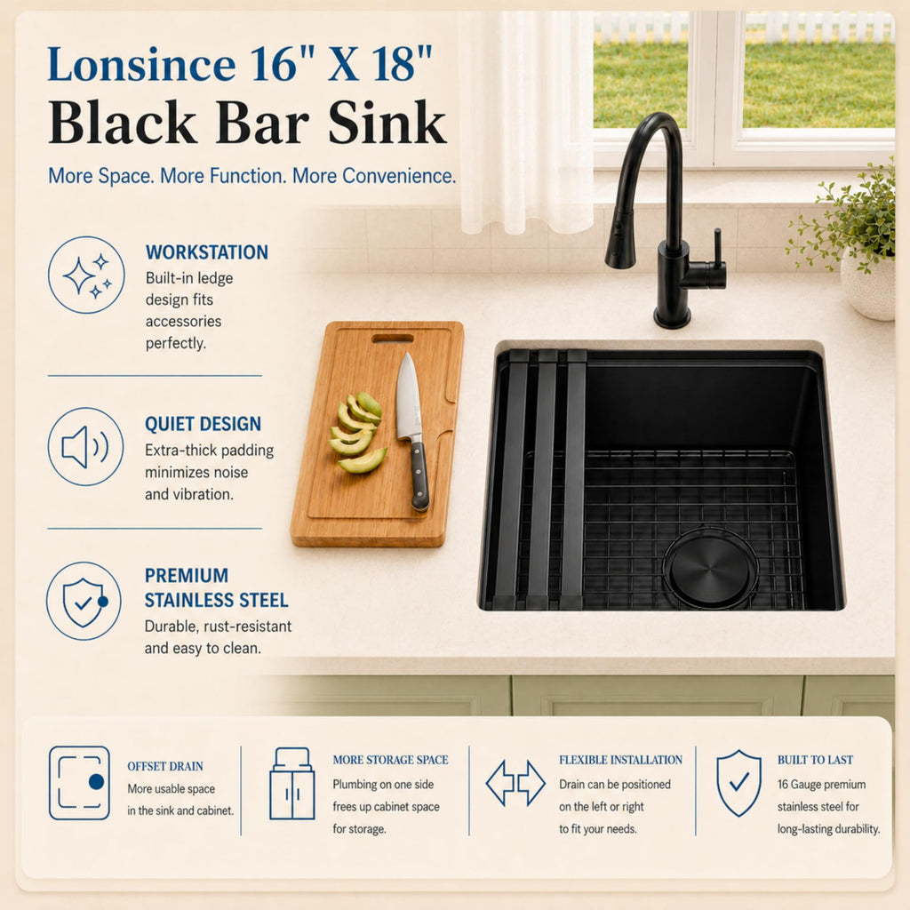 16" X 18" Black Undermount Bar Sink Offset Drain with Workstation