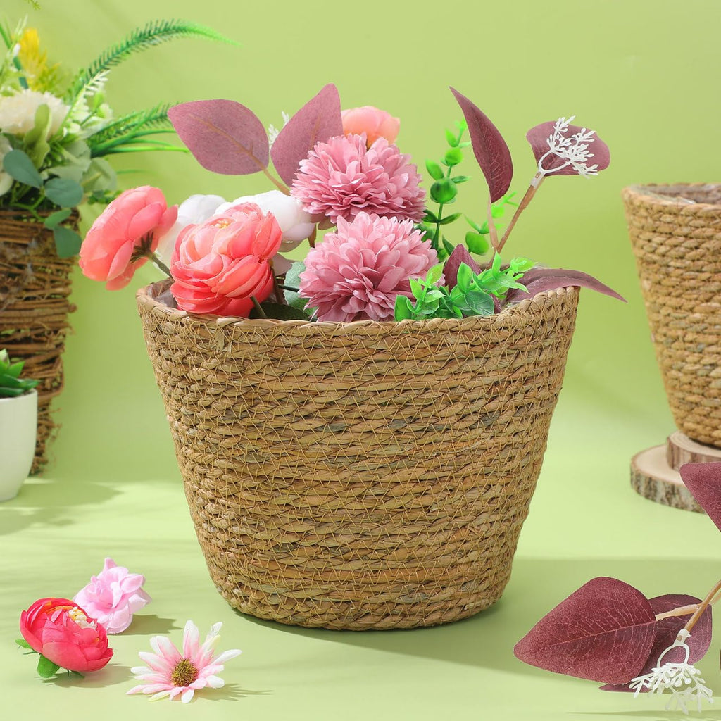 2Pcs Woven Plant Baskets with Liners Round Rattan Seagrass Planter