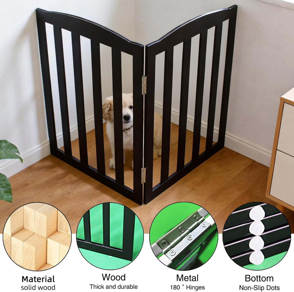 Freestanding Dog Gate Indoor, Doggie Gate Foldable Pet Gates for Doorways, Stairs or Hallways, Wooden Black Pet Gate