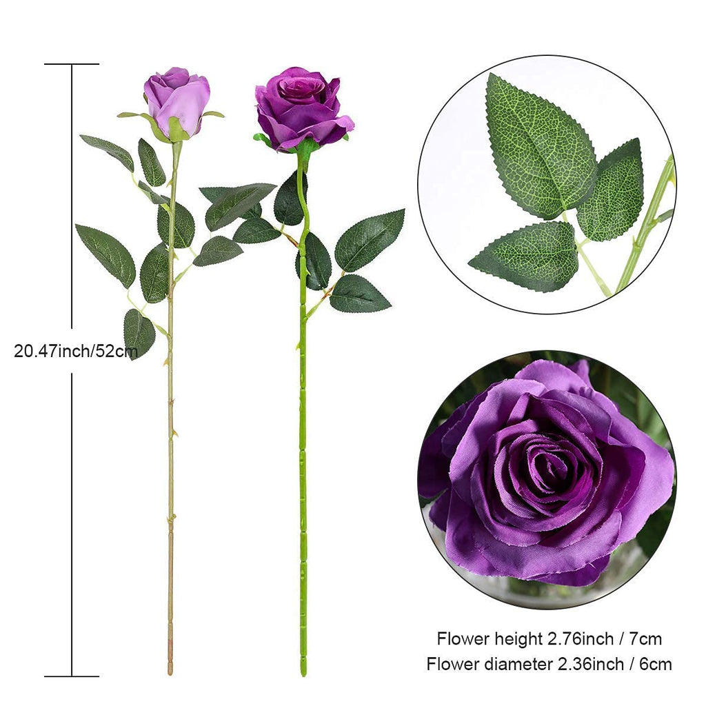 12PCS Artificial Silk Flowers Realistic Roses Bouquet Long Stem Wedding Decoration Party (Purple, 6 Flowers 6 Buds)