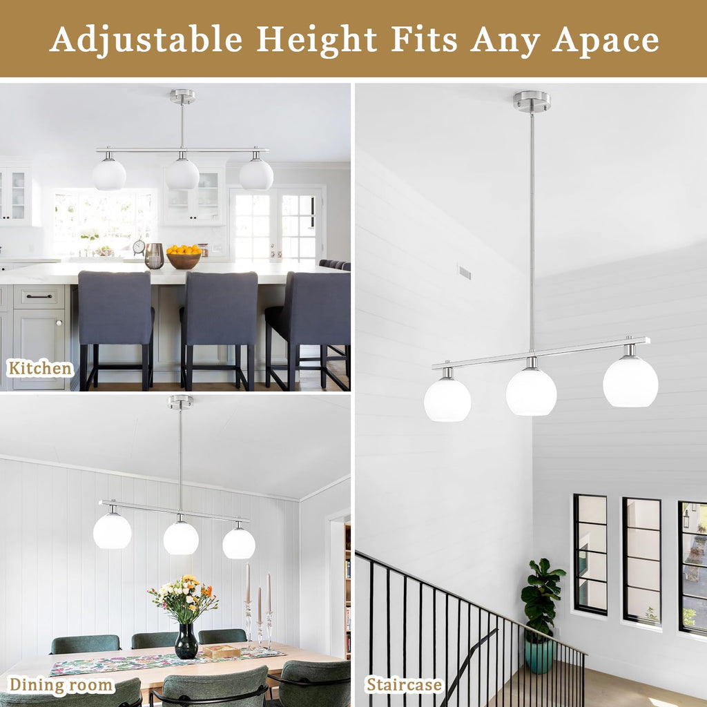 3 Lights Linear Pendant Light Kitchen Island Lighting with Milk Glass Shade, Modern Farmhouse Chandelier, Brushed