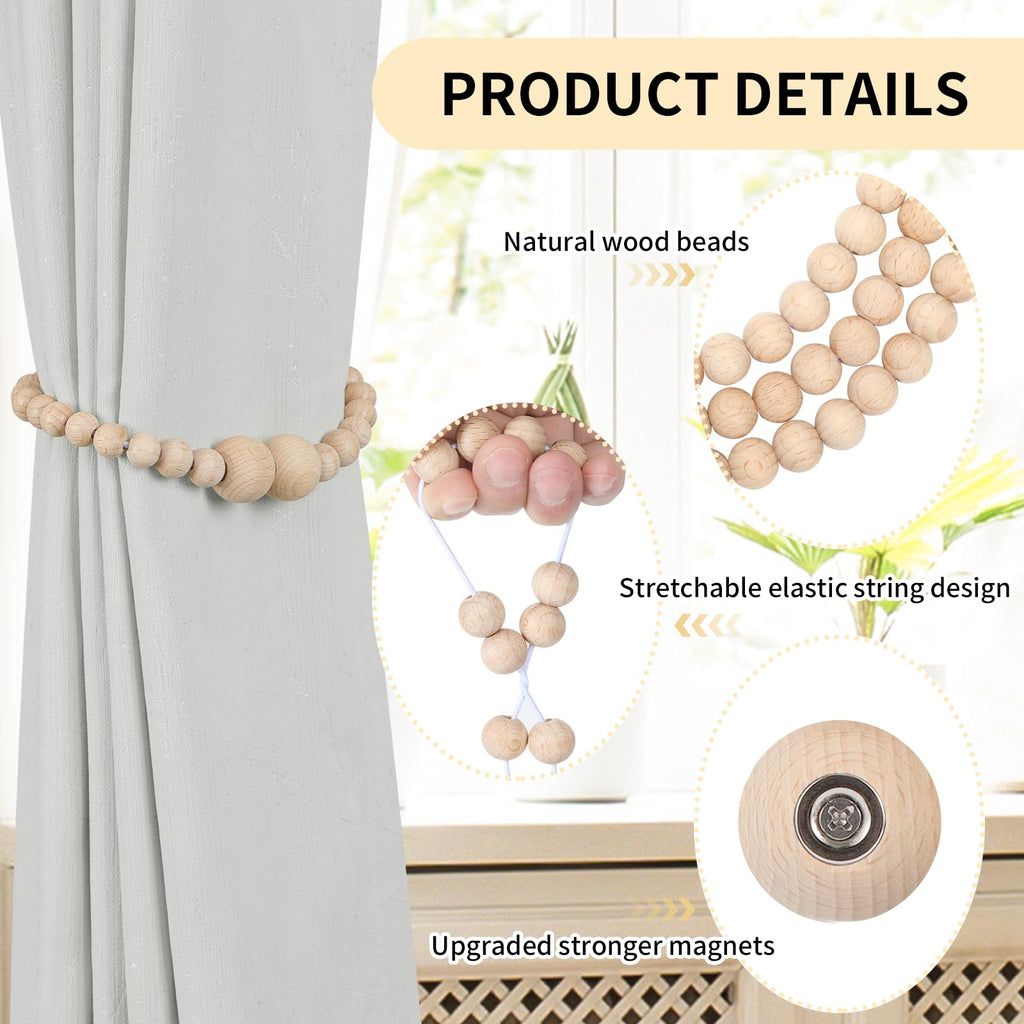 Magnetic Curtain Tiebacks, 6 Pack Wood Bead Curtain Holdbacks