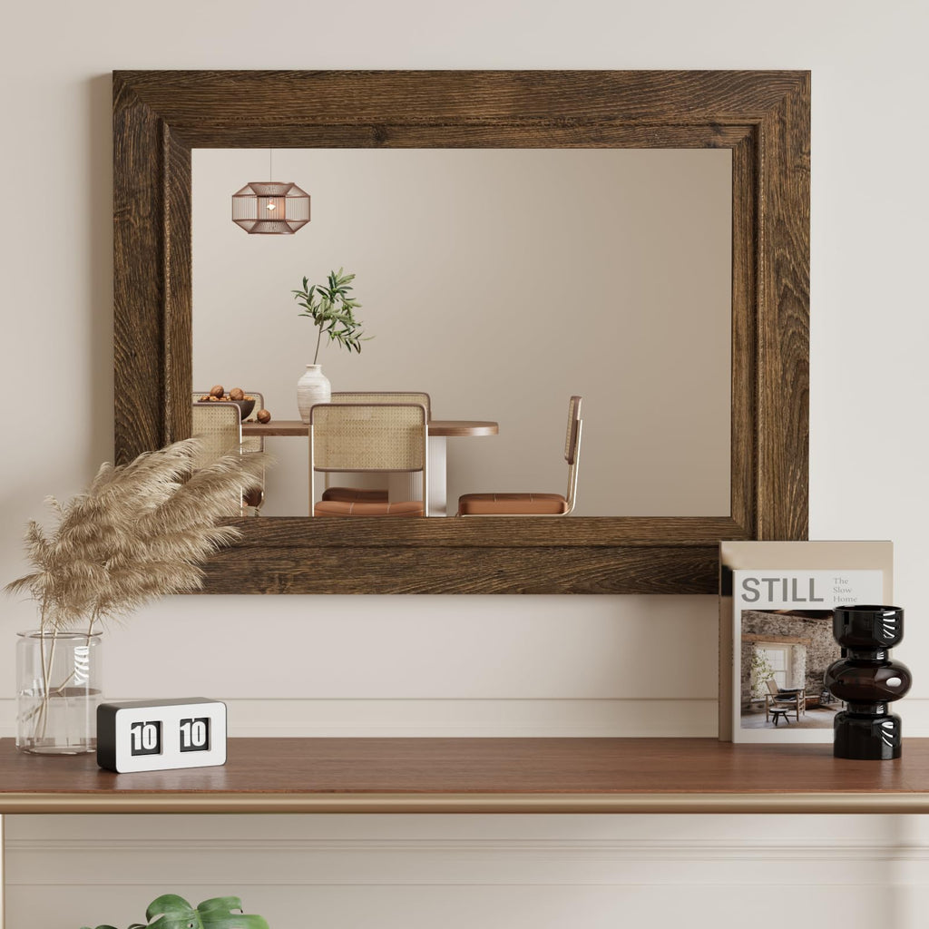 Rustic Wall-Mounted Vanity Mirror, Solid Wood Frame Bathroom Mirror, Farmhouse Style, Horizontal/Vertical Hanging