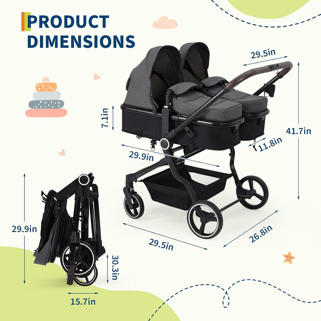 Double Stroller for Twins, One-Click Quick Fold Lightweight Newborn and Toddler Stroller with Point Safety Harness