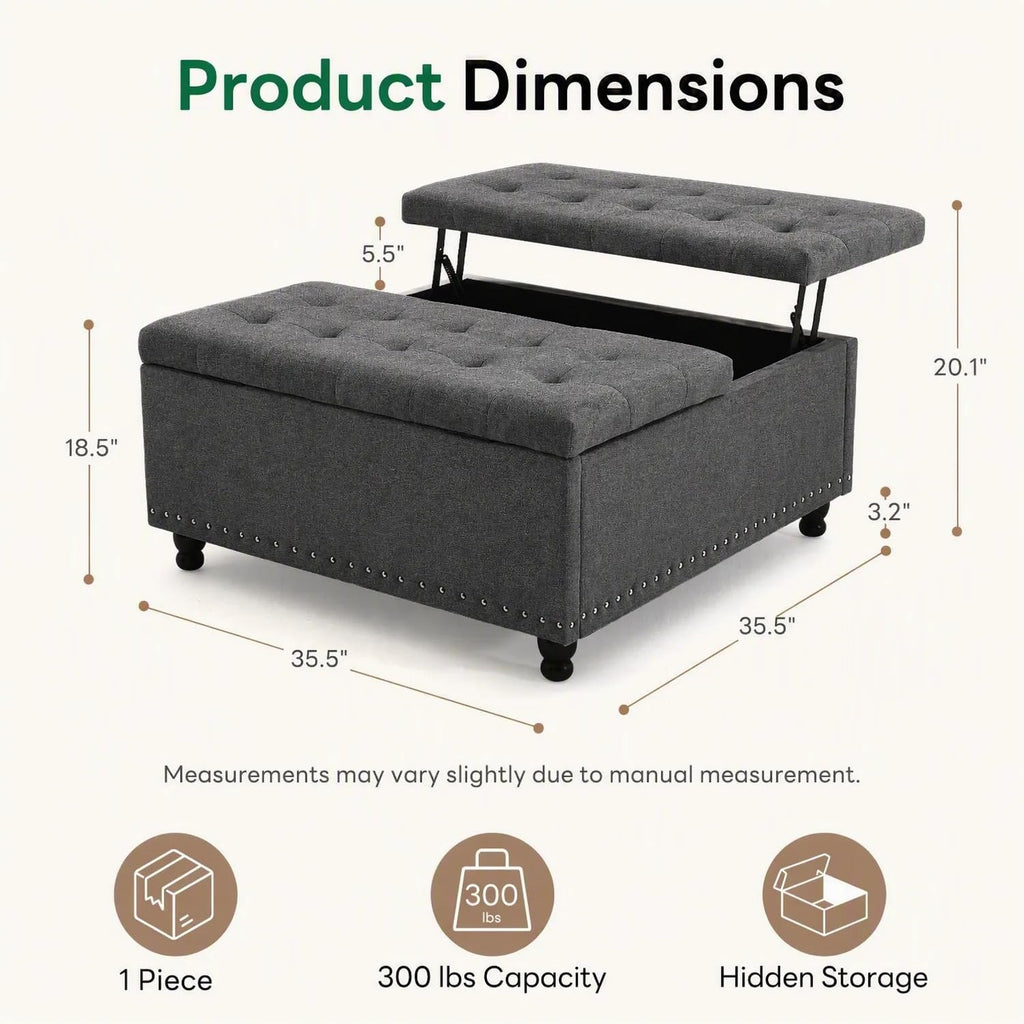 35.5 Inch Large Square Ottoman with Storage, Lift Top, Dark Gray