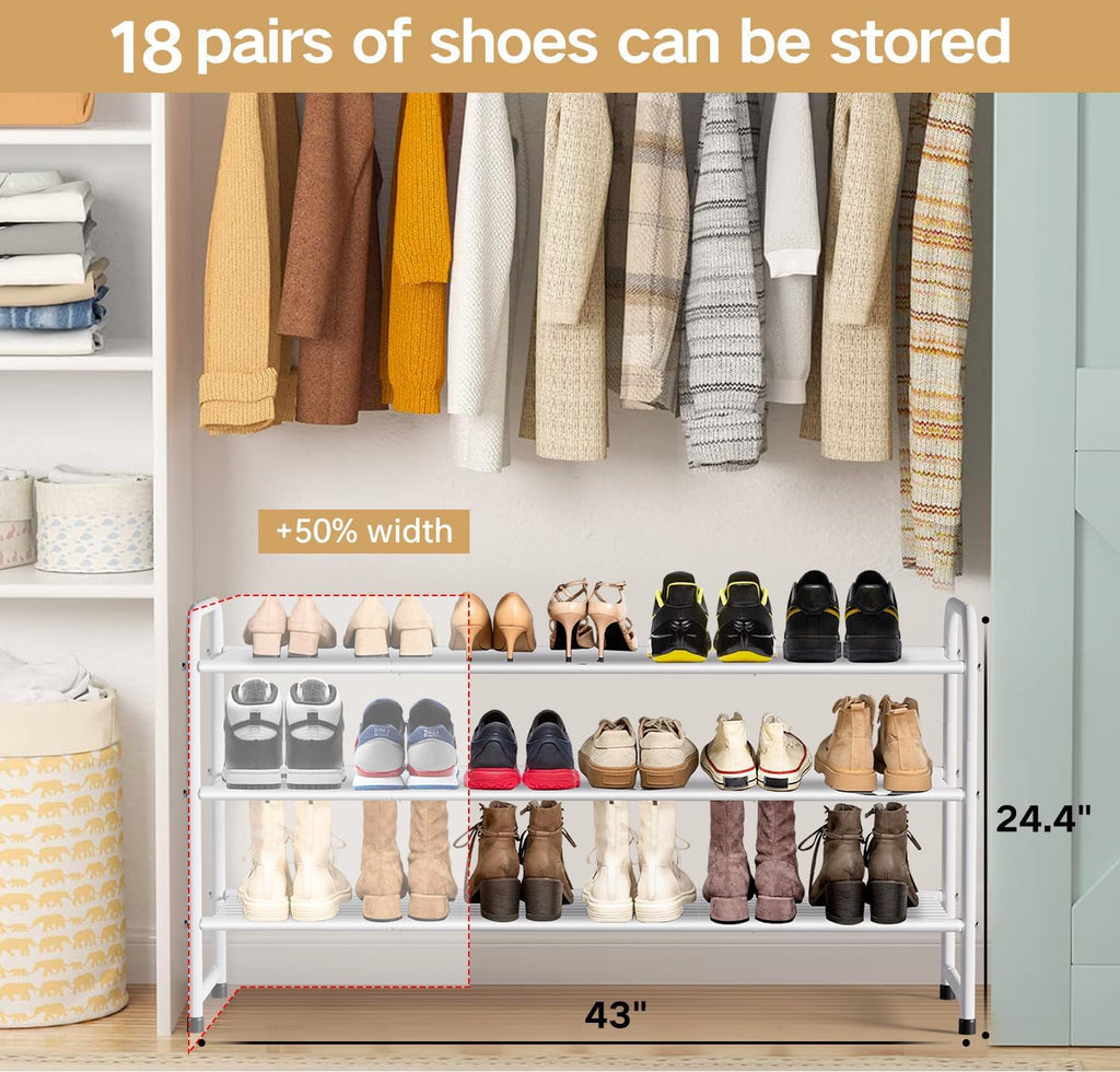 3-Tier Long Shoe Rack for Closet Metal Shoe Organizer, Wide Stackable Shoe Storage Shelf with Sturdy Wire Grid for