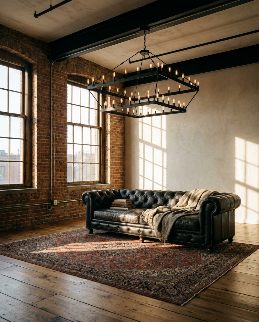 Camino two-tier square chandelier in industrial loft living room