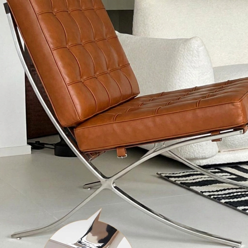 Inspired Barcelona Style Leather Lounge Chair and Ottoman — Brown Oiled Leather, Compact Seat (23.5″L)