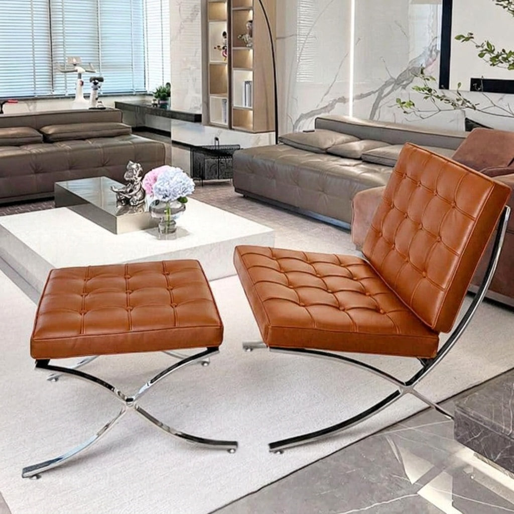 Inspired Barcelona Style Leather Lounge Chair and Ottoman — Brown Oiled Leather, Extended Seat (31.5″L)