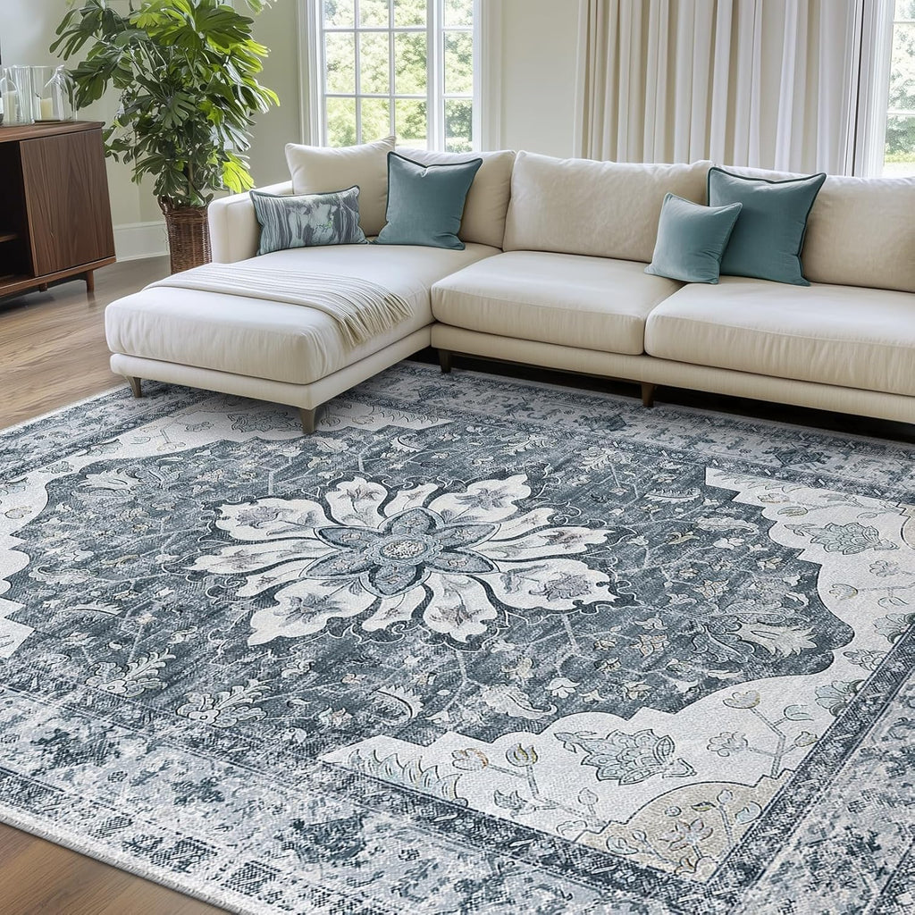 Area Rugs Washable Non-Slip, Floral Vintage Distress Print Pattern Medallion Carpet for Living Room Bedroom Dining Room