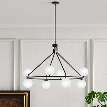 8-light 42"W Metal And Moon Glass Wagon Wheel Shaded Chandelier For Living Room/Bedroom