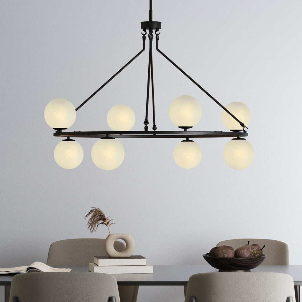 8-light 42"W Metal And Moon Glass Wagon Wheel Shaded Chandelier For Living Room/Bedroom