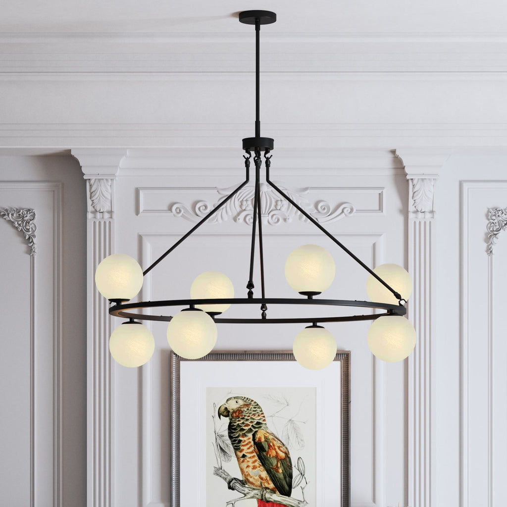 8-light 42"W Metal And Moon Glass Wagon Wheel Shaded Chandelier For Living Room/Bedroom