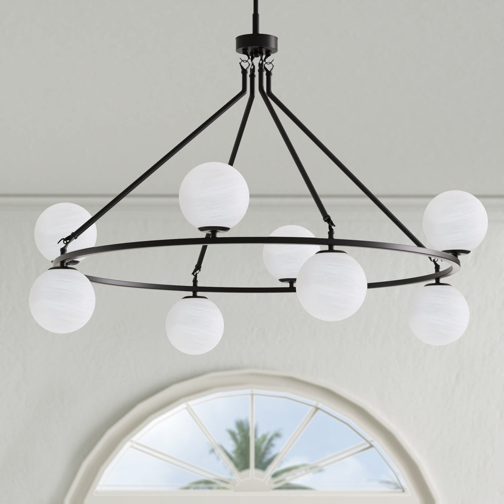 8-light 42"W Metal And Moon Glass Wagon Wheel Shaded Chandelier For Living Room/Bedroom