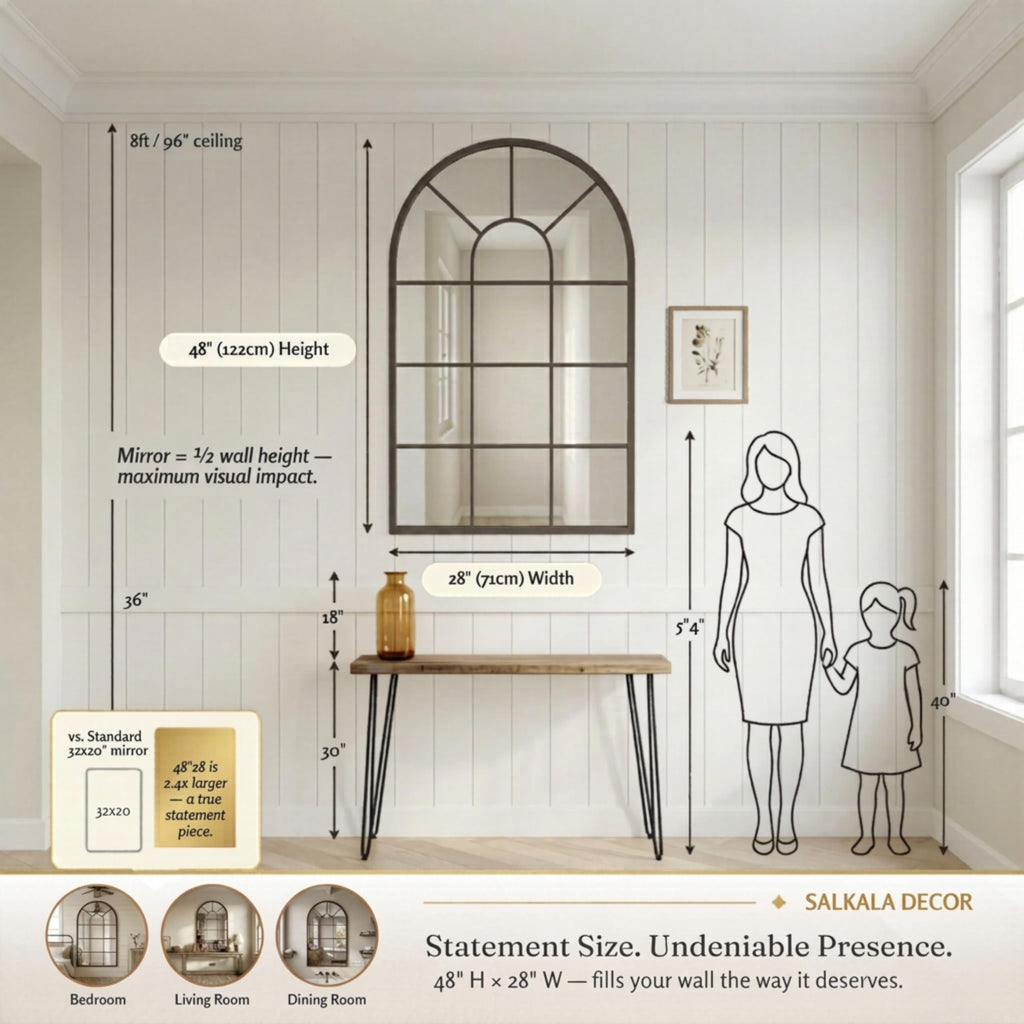 Brown Framed 48x28Inch Arched Window Pane Mirror| Arched Mirrors for Wall & Floor | Arch Mirror Full Length Living