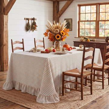 Gingham Ruffled Tablecloth Brown Taupe White 60x84 Christmas