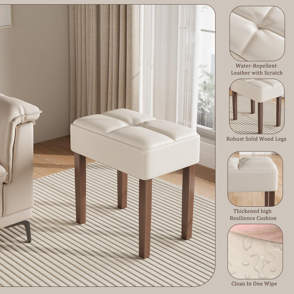 Two Leather Vanity Stool, 18.7 Inch Wide Rectangle Ottoman Bench for Makeup Room, A Set Vanity Chair with Wood Legs