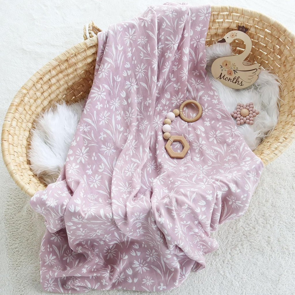 Baby Swaddle Blanket and Bow Set, Mauve Floral Muslin Swaddle Set with Matching Headband Bow, Infant