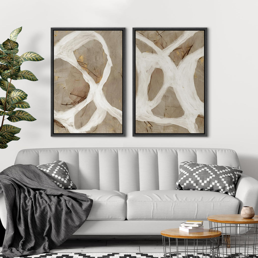Framed Canvas Print Wall Art Set Abstract White and Beige Brushstrokes on Neutral Illustrations Modern Art Decorative