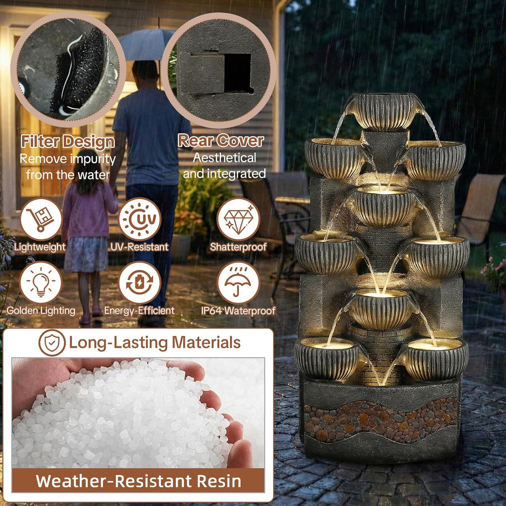 Modern 39.5" Tall Outdoor Water Fountain, Large 10-Tier Cascading Bowls Waterfall Fountain with LED Lights