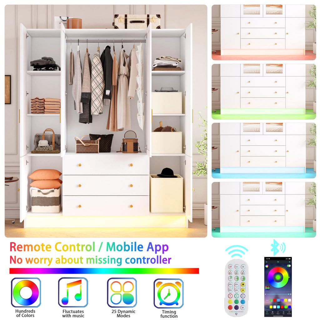 4 Doors LED Armoire Wardrobe Closet with Mirror, 75" Tall Modern Wooden Wardrobe Closet with 3 Drawers, Freestanding