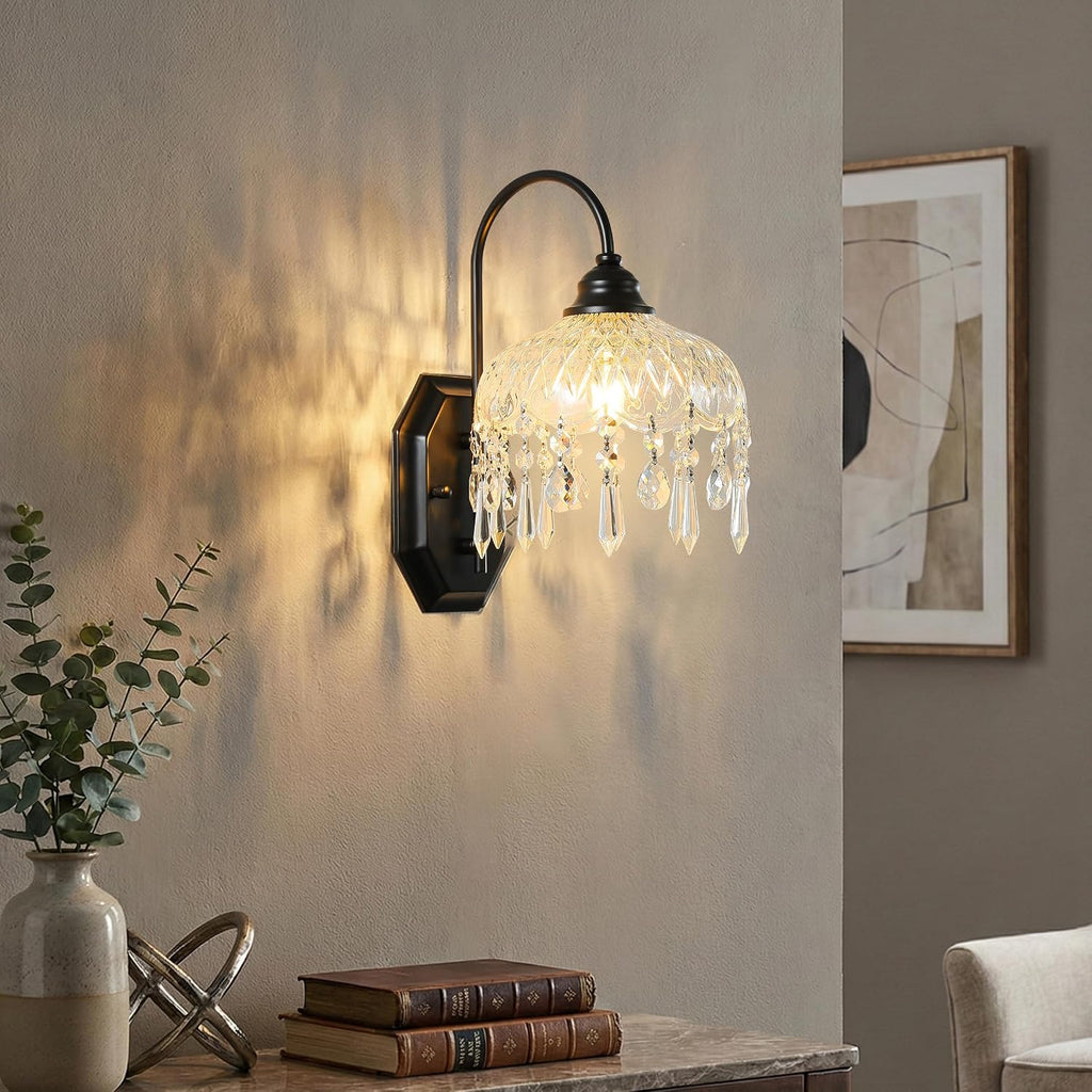 2-Pack Vintage Glass Crystal Wall Sconce, Matte Antique Black Finish, for Bedroom Bathroom Hallway Living Room