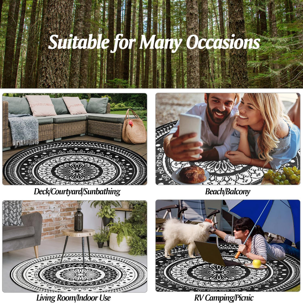 Round Outdoor Rugs 8Ft Waterproof Reversible Outdoor Patio Rugs Black Lightweight Plastic Straw Rugs Portable RV