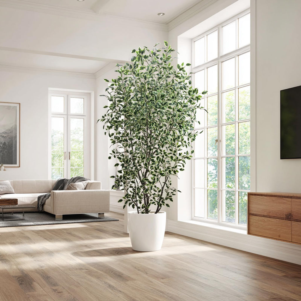 Artificial Ficus Tree, 8ft Tall, Variegated Green and White Foliage, Zero Maintenance Indoor Decorative Plant with