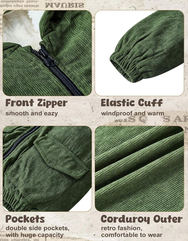 Boy Corduroy Jacket Hooded Zip-up Coat Winter Outwear