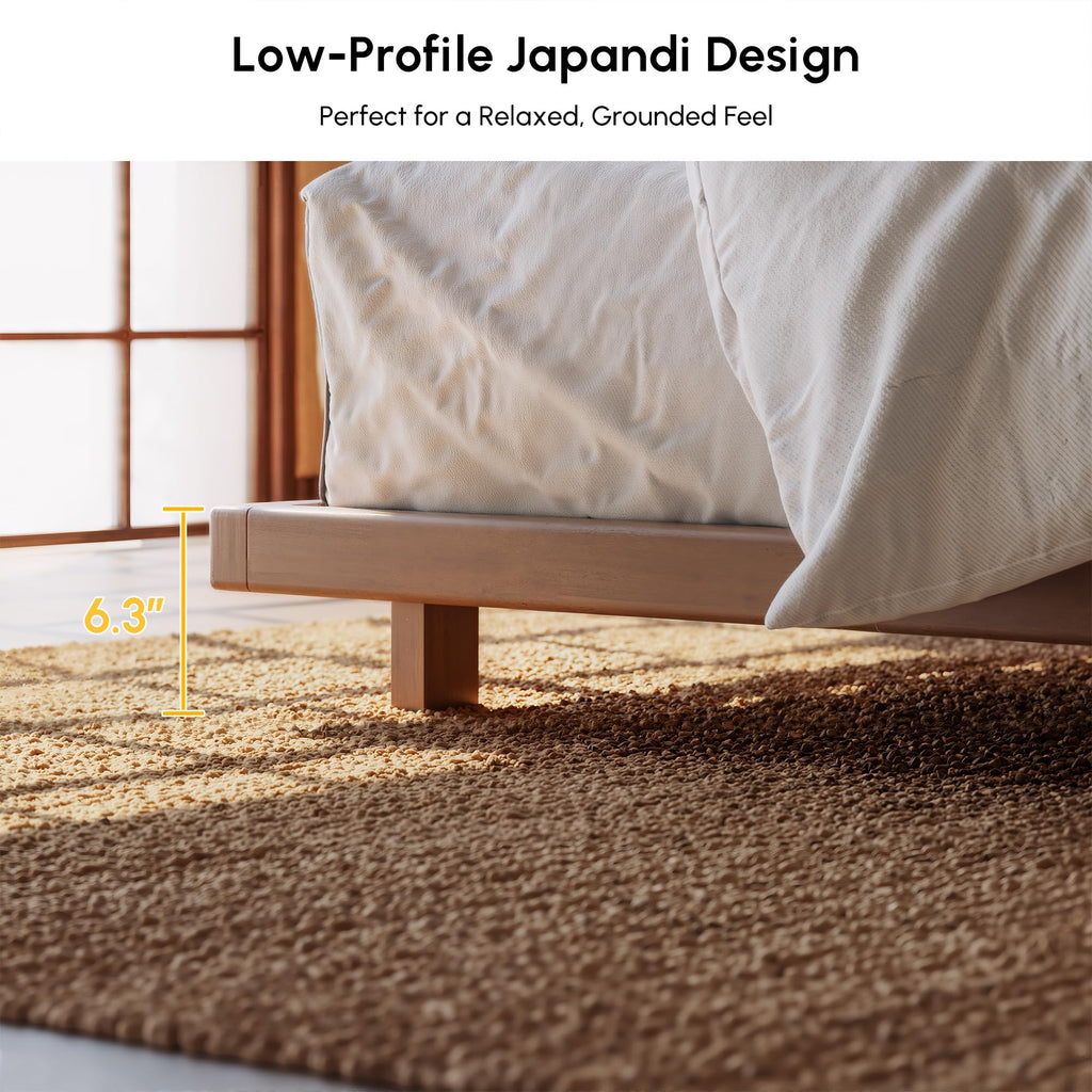 Japanese Style Queen Floor Bed Frame, 6.3" Low Profile Tatami Platform Bed with Carbon Steel Slats & Wood-Finished