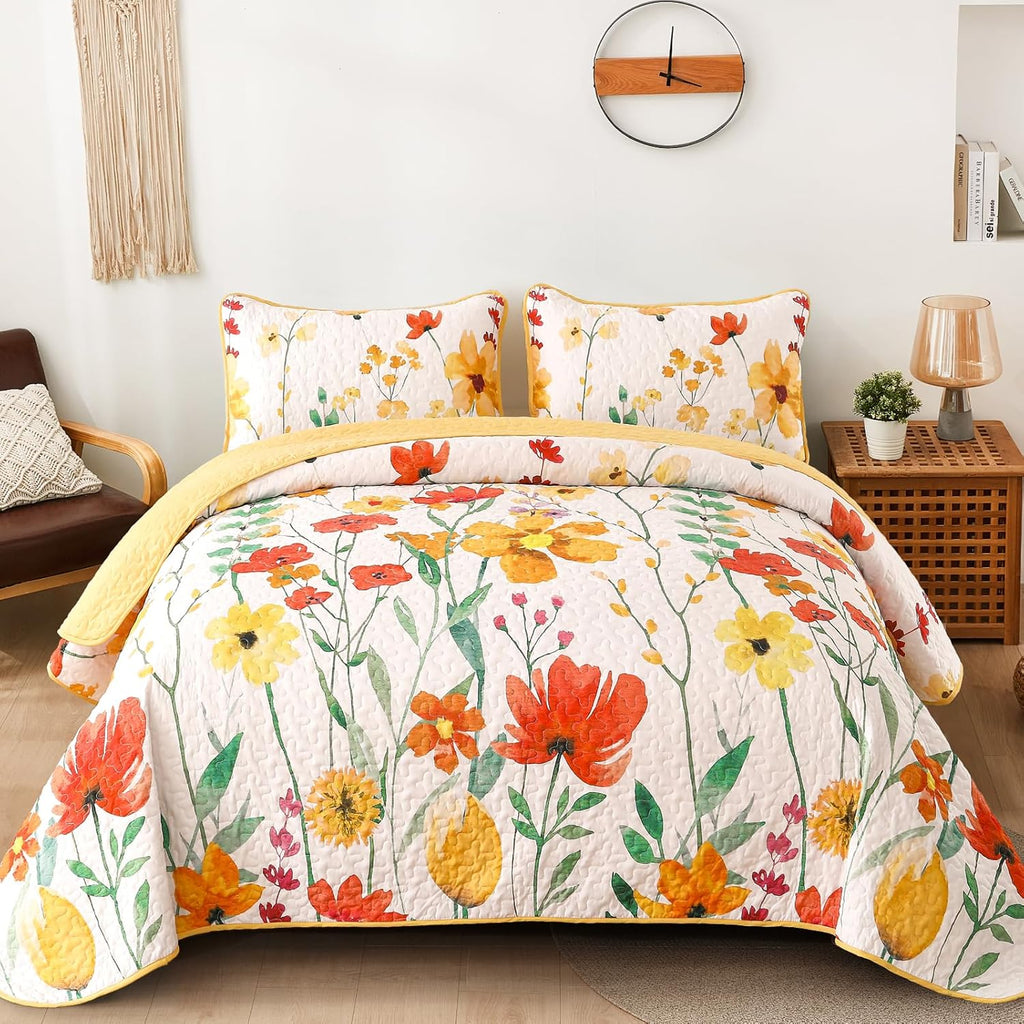 Quilt Set Queen, Yellow Floral Reversible Bedspread Soft Microfiber Lightweight Queen Quilt Bedding Sets Reversible