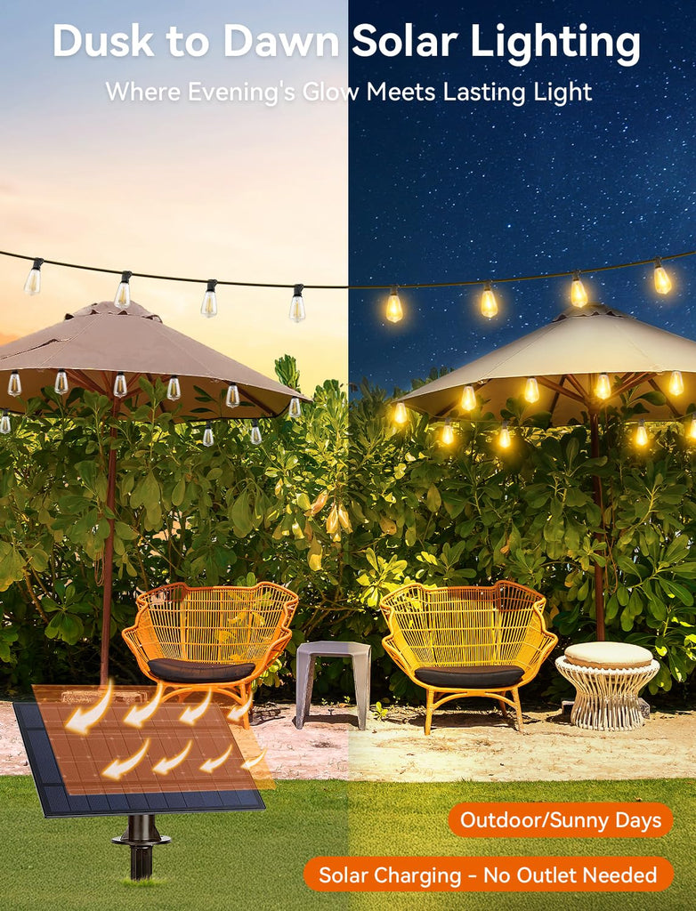 Solar String Lights Outdoor Waterproof with Remote, 36+2 Shatterproof ST38 LED Bulbs, Dimmable Patio Lights