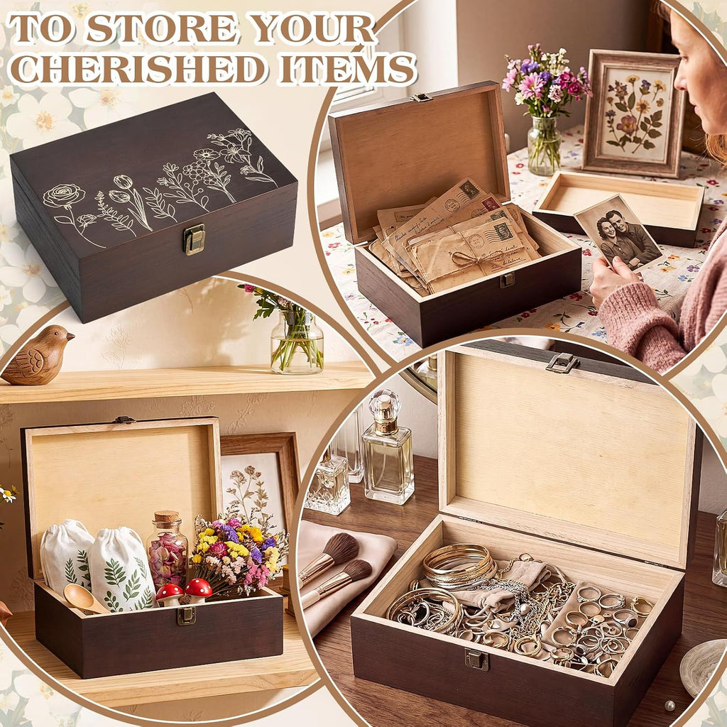 Wildflower Wooden Keepsake Box, 10.6 x 7.7 x 3.9 Inch Decorative Memory Box with Hinged Lid for Crafts Photos Letters