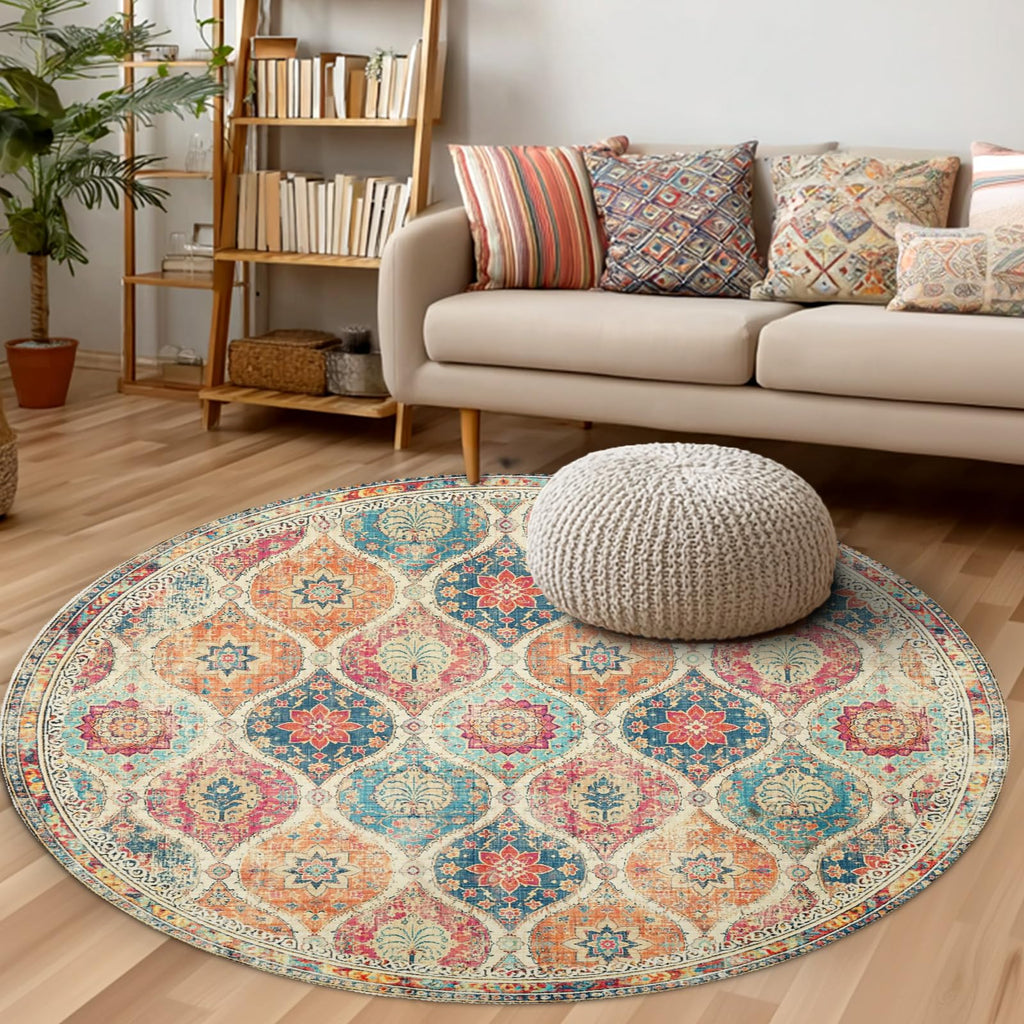 Orange Boho Round Area Rug 4ft, Machine Washable Bohemian Oriental Round Rug Non-Slip Colorful Moroccan Farmhouse