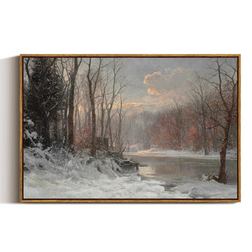 Vintage Framed Canvas Wall Art, Christmas Wall Art, Snow Straem River Tree Cloud Farmhouse Landscape Art Hanging