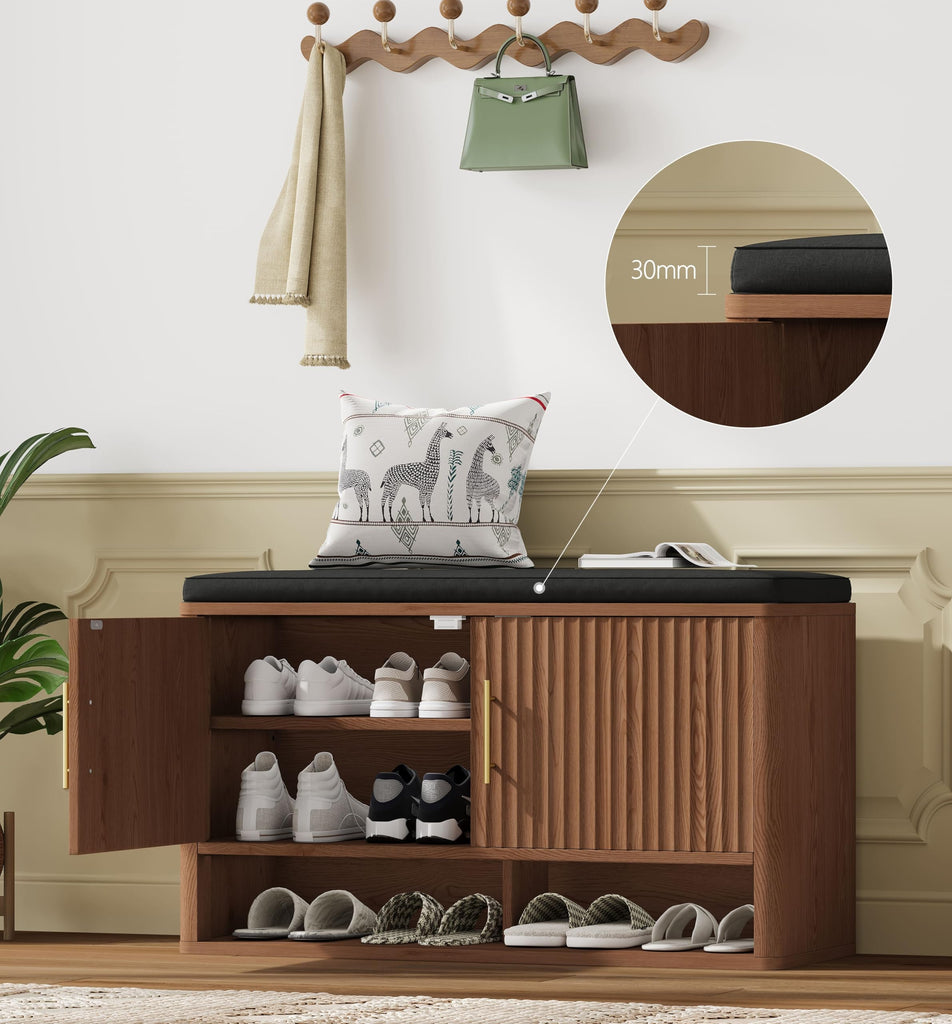 Fluted Shoe Storage Bench, Entryway Bench with Adjustable Shelves