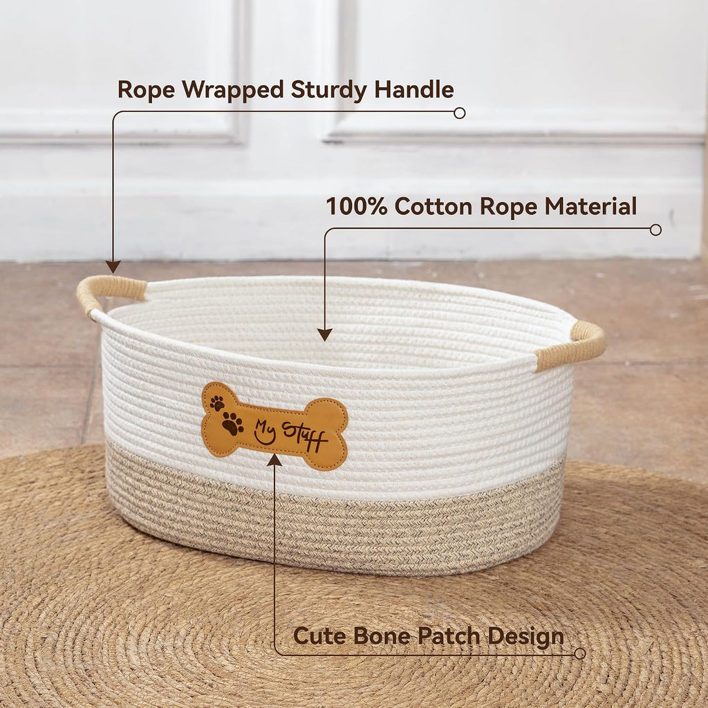 Dog Toy Basket|Cotton Rope Dog Toy Bin With Handle, 17.5"L×11.8"W×8"T