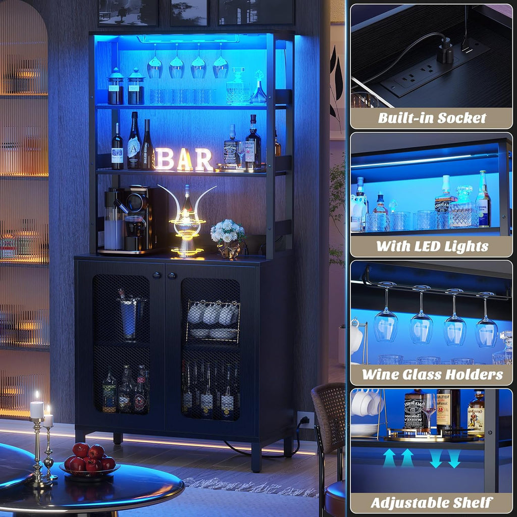 Bar Cabinet with Power Outlets, 67" Tall Wine Bar Cabinet, Black | Liquor Cabinets with LED Lights and Glass Holder