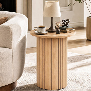 Round Side Table, Fluted Mid Century Modern Drum End Table, Natural