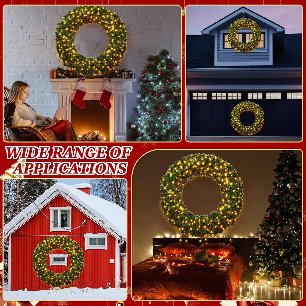 60 Inch Large Prelit Christmas Wreath with 300 Warm White String Lights 8 Lighting Modes Artificial Outdoor Indoor