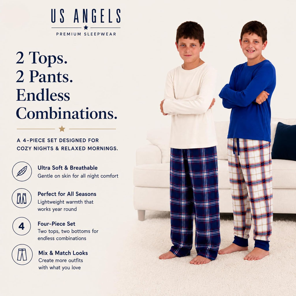 Boys Pajamas Set | Piece Long Sleeve & Fleece Pants | Soft Warm Sleepwear Pjs for Kids & Teens