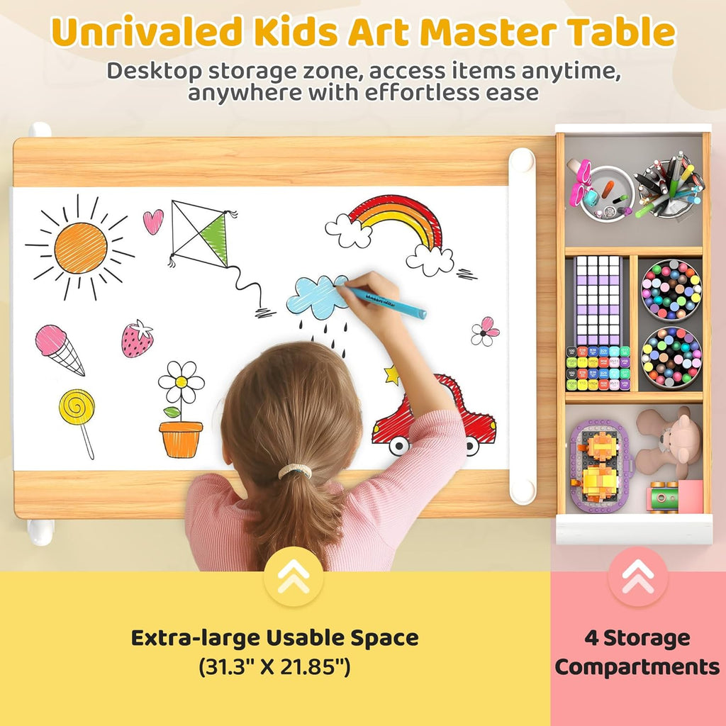Kids Art Table & Chair Set, Wood w/Storage & Paper Roll, Natural