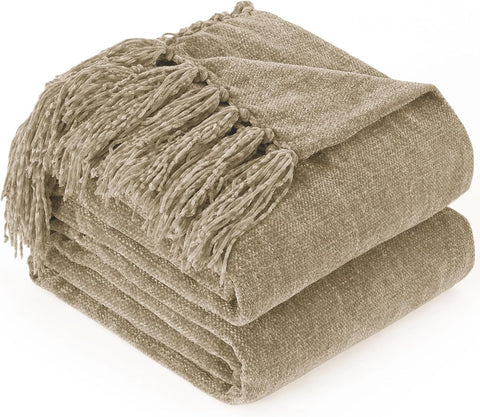 Chenille Throw Blanket,50"X60" Soft Cozy Lightweight Knitted Boho Decorative Blankets,Taupe