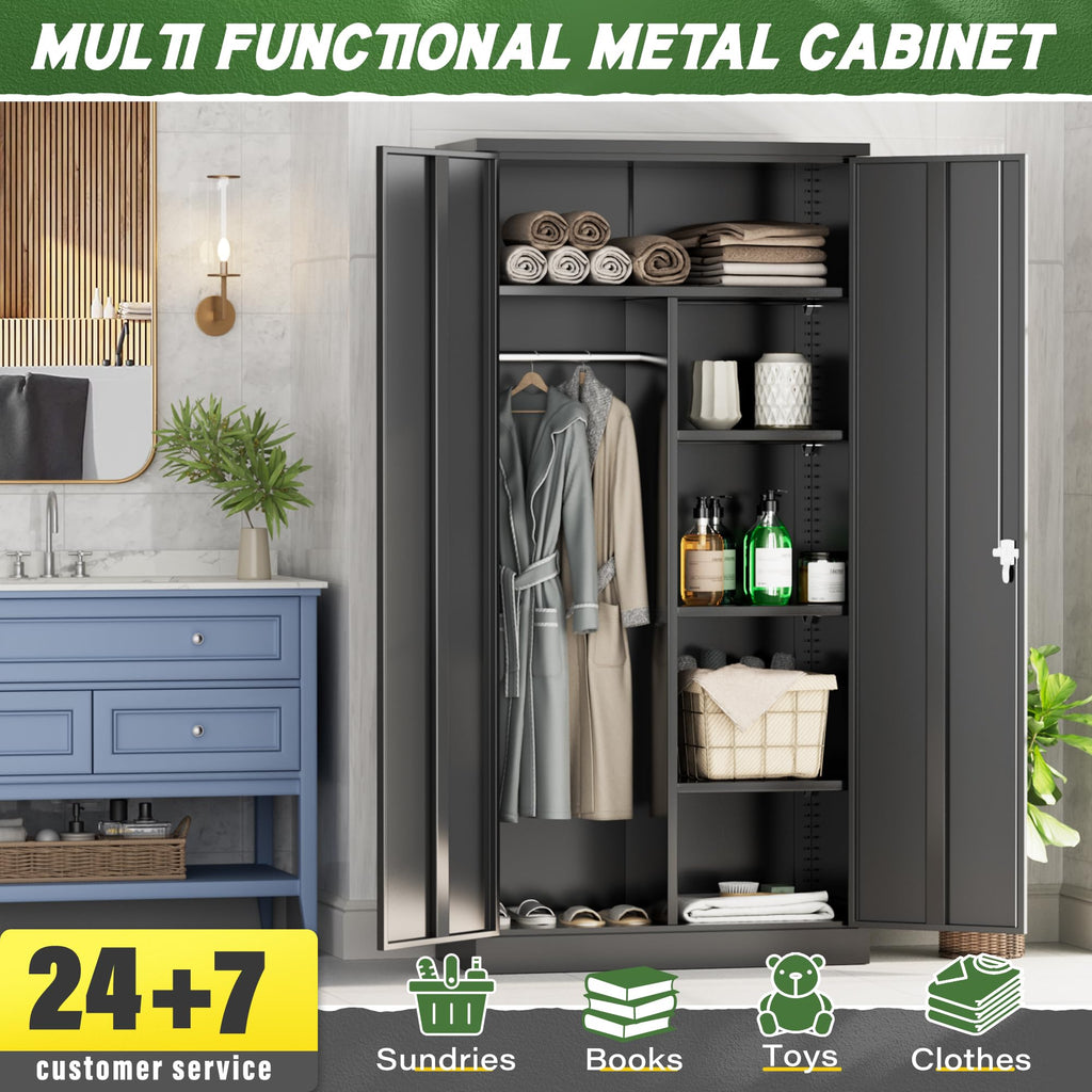 Metal Wardrobe Closet with Doors and Shelves, 72" Black Armoire Wardrobe Closet for Hanging Clothes, School