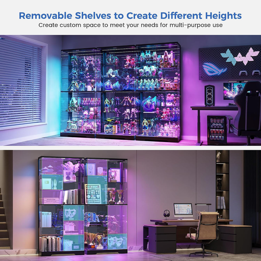 Lockable Display Cabinet with Glass Doors and RGB Lights - Black | 71" Tall; 10-Tiers Shelves; Pop-Up Tempered Glass;