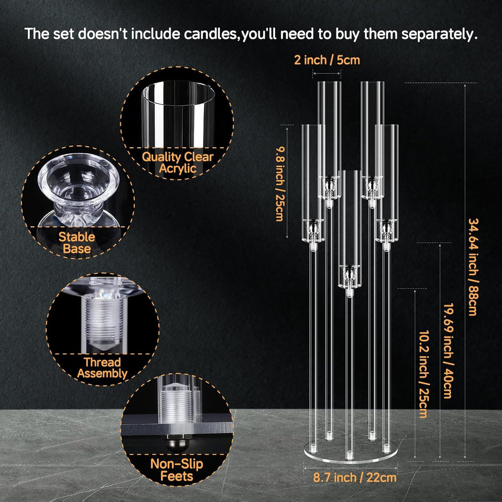 4 Set 5 Arms 34.6'' Acrylic Candelabra Centerpieces,Clear 5 Arms Candlesticks Holder with Acrylic Shade for