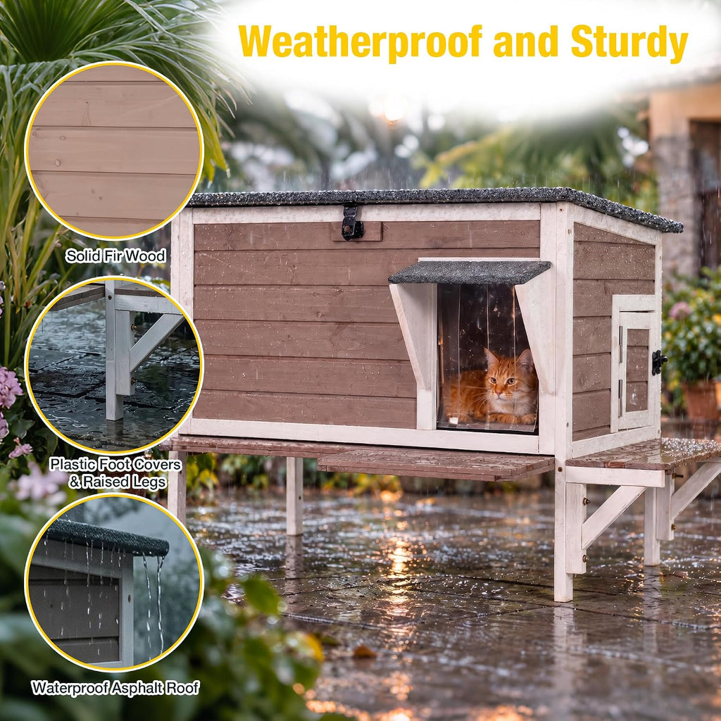 Heated Cat House with Insulated Liner, Large Feral Cat Shelter for Winter, Weatherproof Cat Condos for Outdoor Indoor