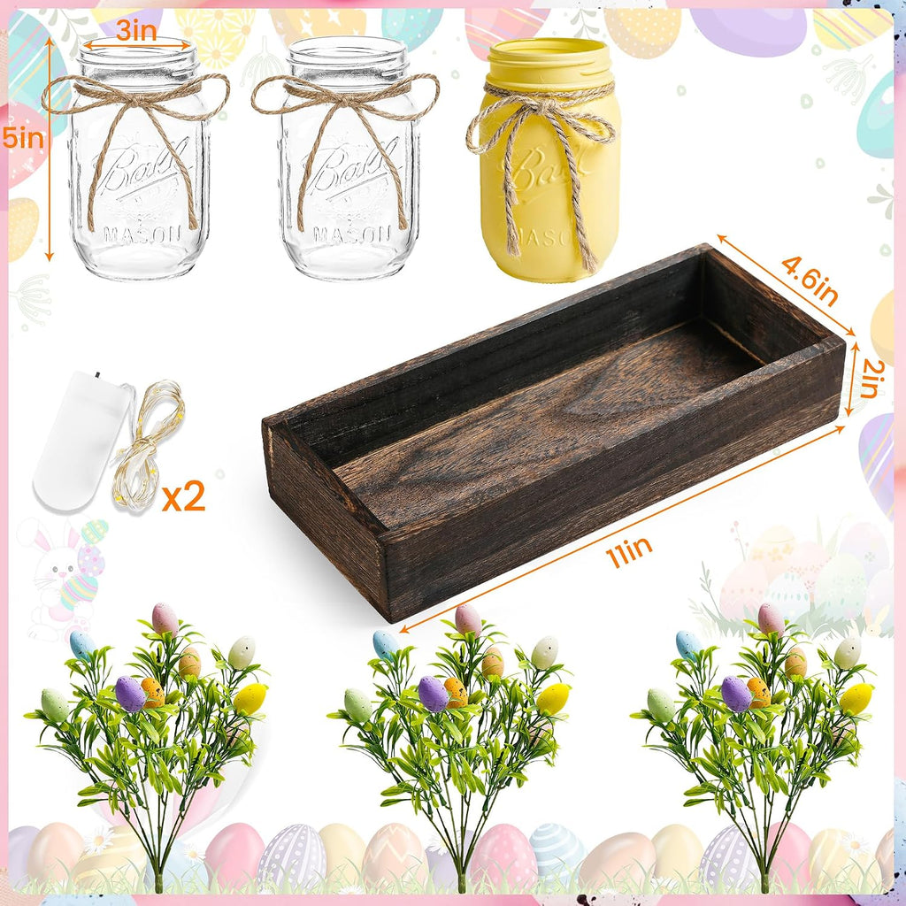 Easter Centerpiece Table Decorations for Table Runner Farmhouse Coffee Table Decor with Wood Tray and Led Light Table - Set of 3