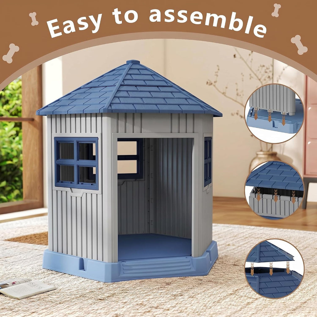 Dog House Indoor Outdoor Durable Large Dog Shelter with Outside Dog Kennel with Window and Elevated Floor for Small